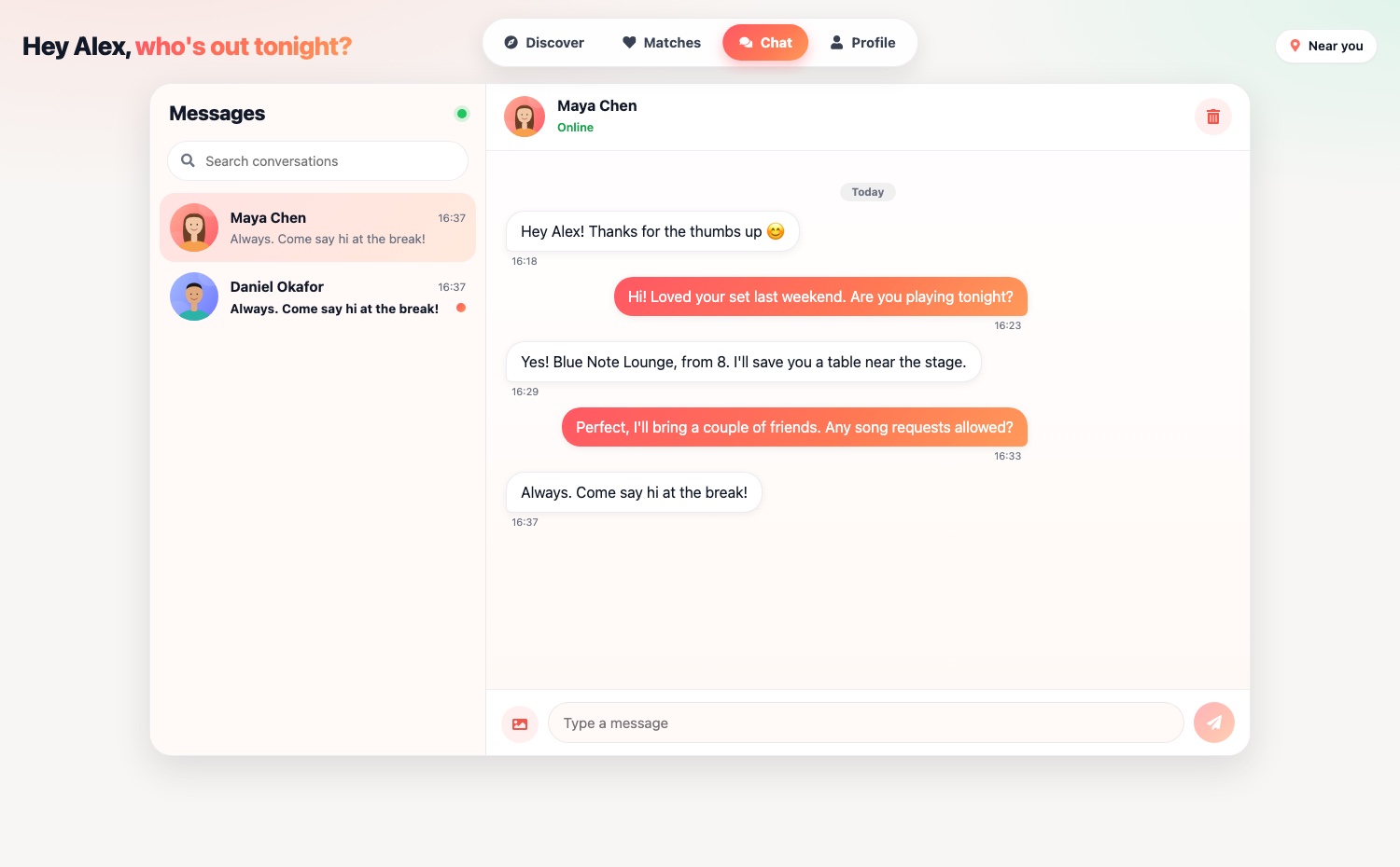 The Chat screen of the F&B Social web app showing a list of conversations on the left and a message thread with a performer on the right