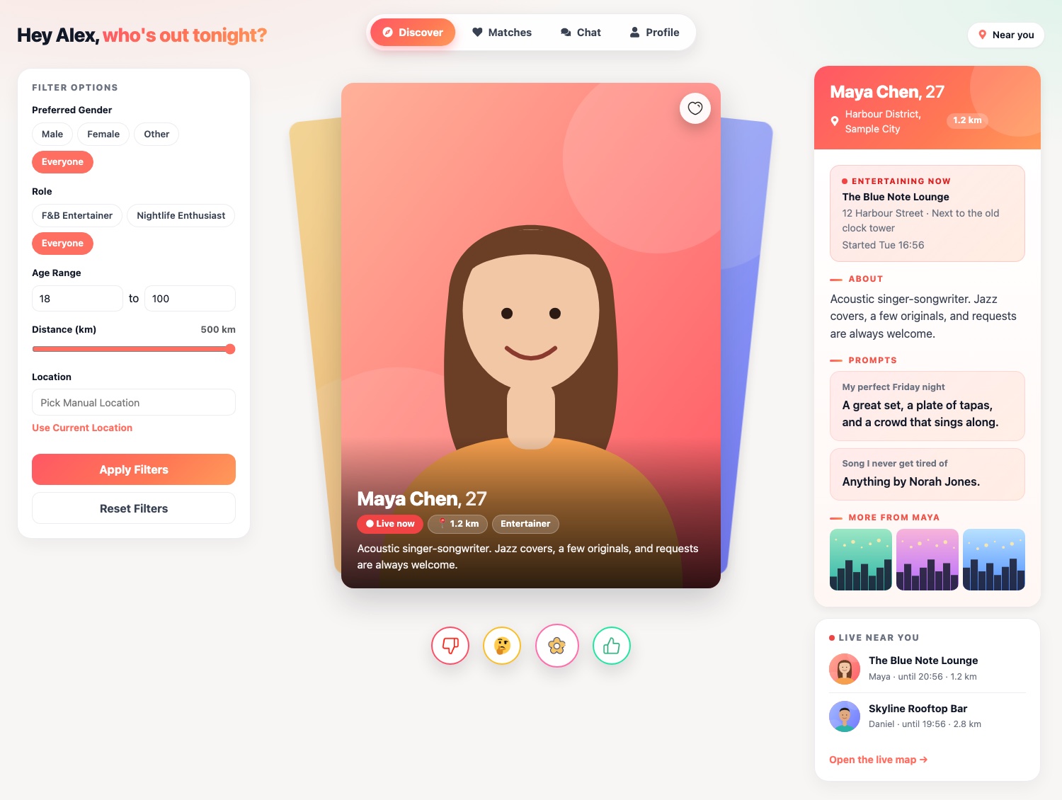 The Discover screen of the F&B Social web app showing a stack of profile cards, filter options on the left and a detailed profile with a live performance badge on the right