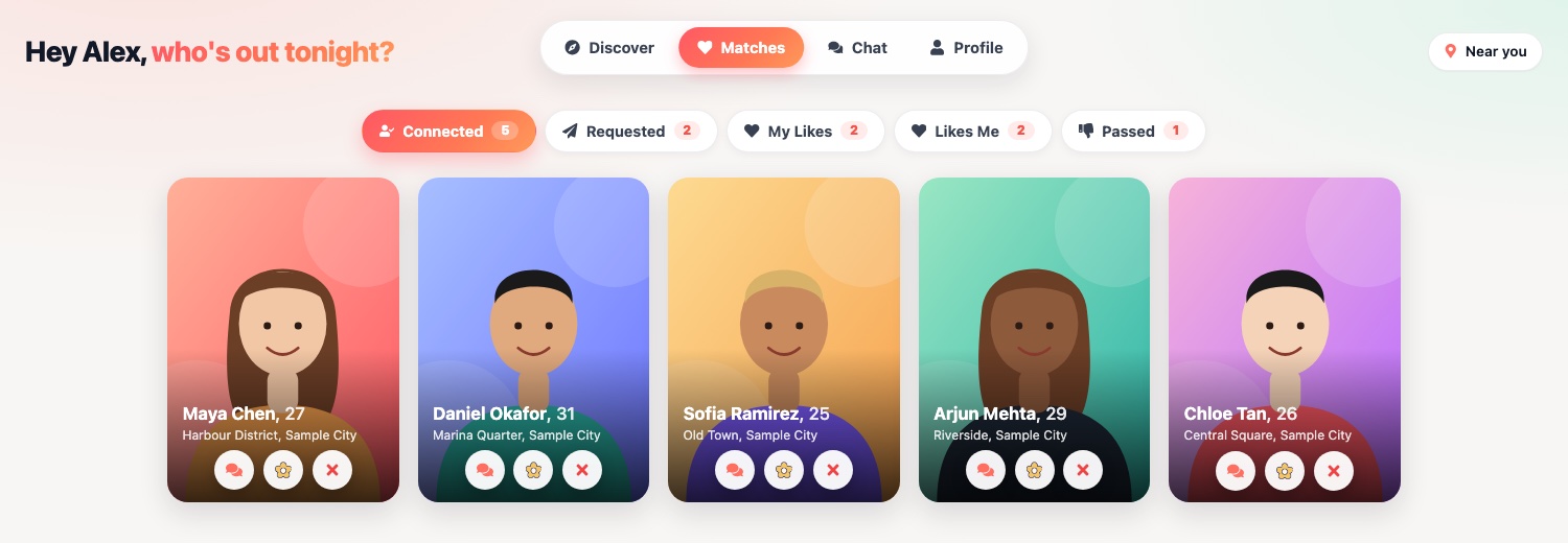 The Matches screen of the F&B Social web app with a row of connected profile cards and tabs for Requested, My Likes, Likes Me and Passed